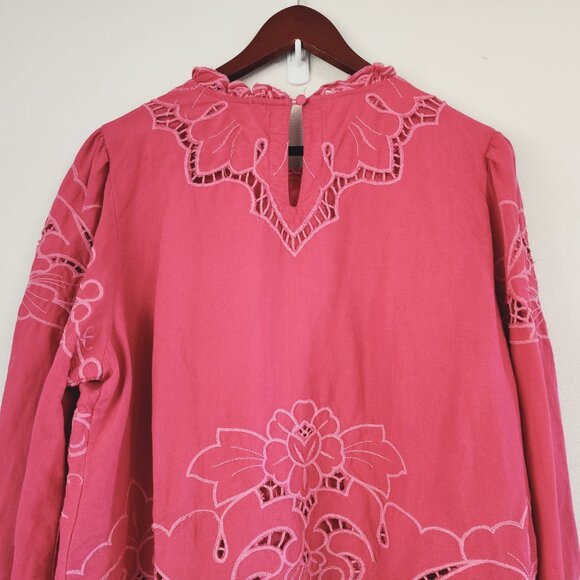 Anthropologie Women The Lainie Longsleeve Lace Cutwork Blouse Pink XL LinenBlend - Picture 13 of 16